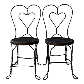 Vintage Mid-Century Twisted Wrought Iron Heart-Back Bistro Ice Cream Parlor Chairs For Sale