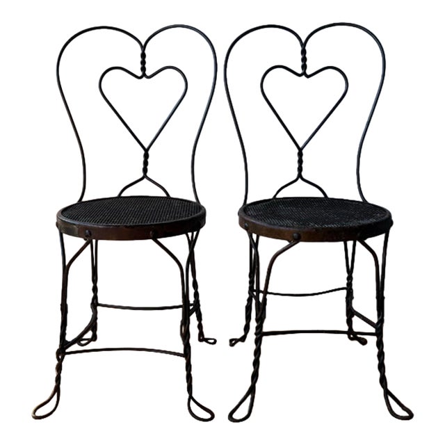 Vintage Mid-Century Twisted Wrought Iron Heart-Back Bistro Ice Cream Parlor Chairs For Sale