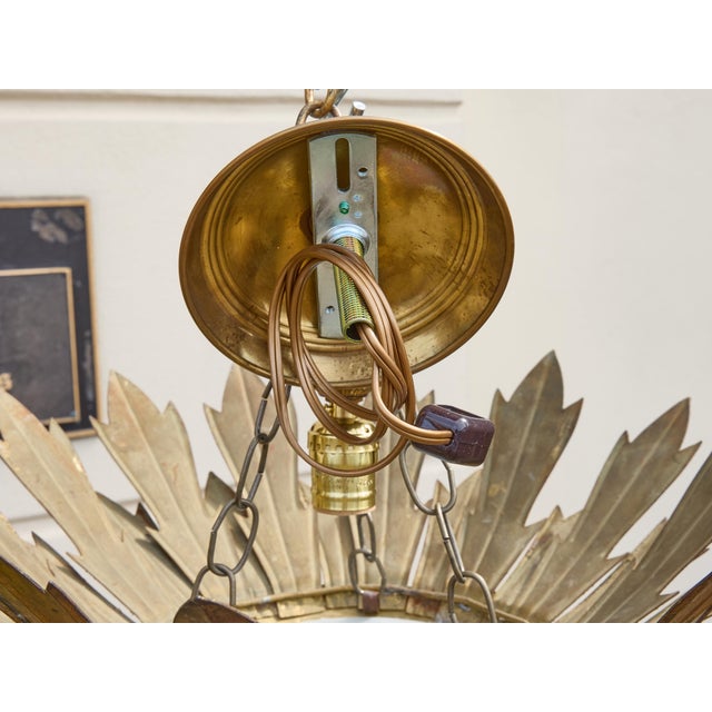 Mid 20th Century Spanish Midcentury Gilt Metal Crown Pendant with Frosted Glass Diffuser For Sale In Atlanta - Image 6 of 10