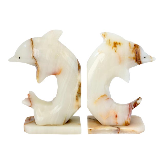 Large Midcentury Italian Alabaster Dolphin Bookends For Sale