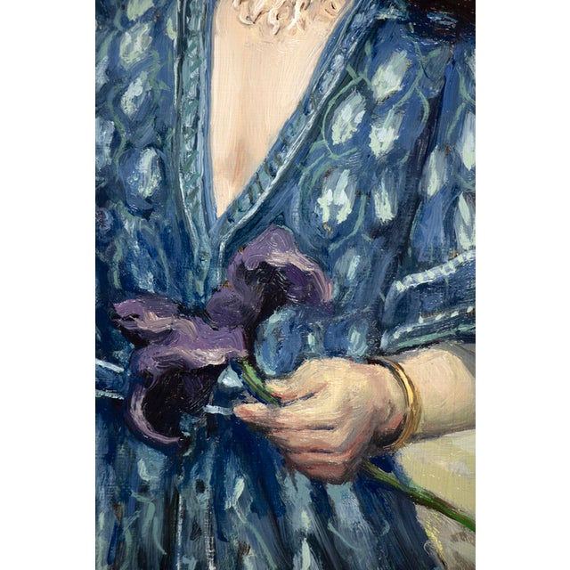 Early 21st Century Wisteria by Nadezda | Oil on Panel Woman reaching for blooming wisteria flowers. For Sale - Image 5 of 5