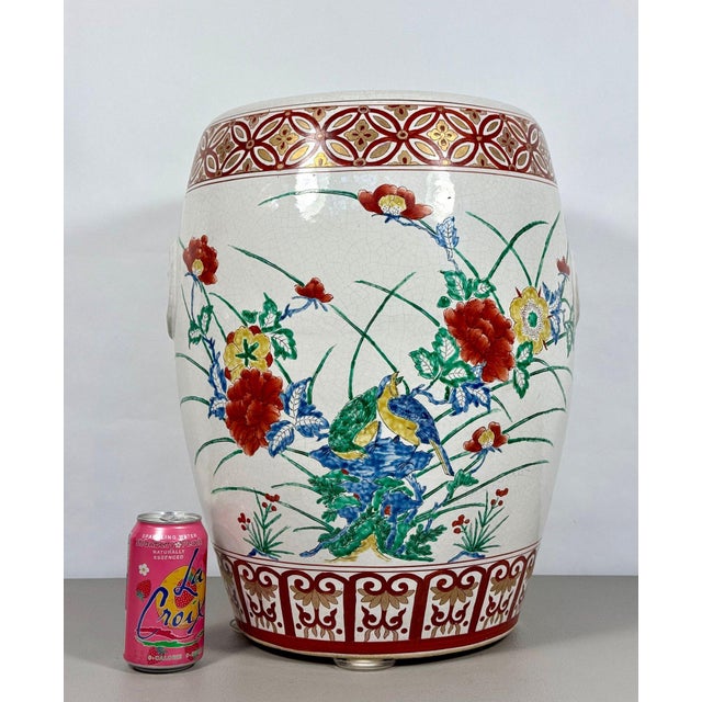 Large Vintage Chinese Famille Rose Porcelain Garden Stool - Hand-Painted Birds & Peonies For Sale - Image 16 of 17