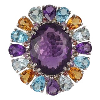 Handcrafted 15.5Ct Aquamarine & Blue Topaz Silver Ring With Amethyst and Citrine Accents - Size 7.5 For Sale