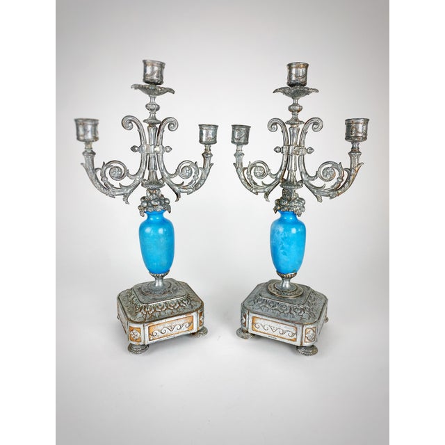 Turquoise Pair of Antique Signed p.h. Mourey French Victorian Silvered Metal & Sèvres Style Porcelain Three-Light Candelabras For Sale - Image 8 of 12
