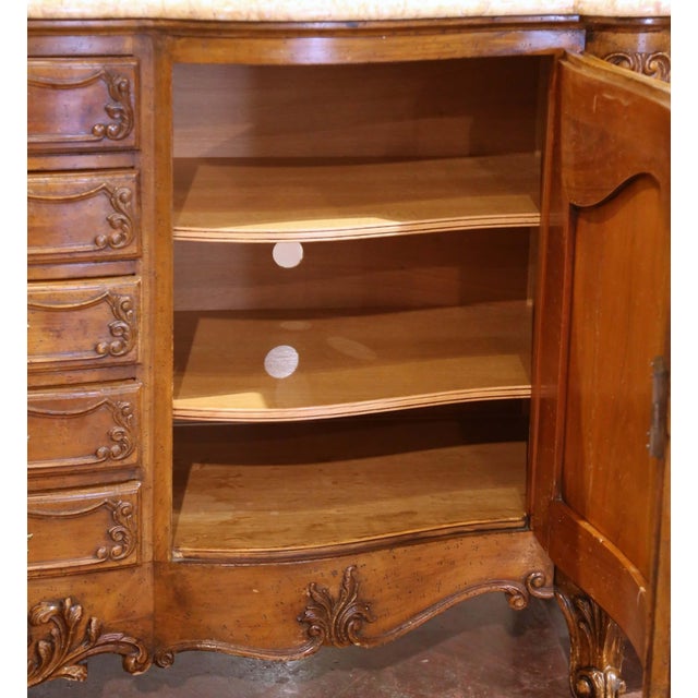 Early 20th C. French Louis XV Marble Top Carved Walnut Four-Door Buffet Enfilade For Sale - Image 9 of 14