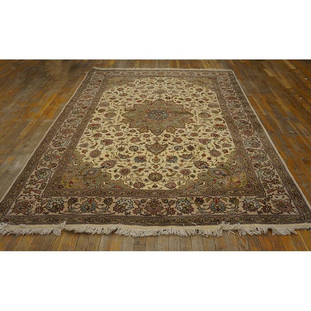 1940s Beige Antique Shah Abbas Medallion Tabriz Handknotted Wool Carpet Rug For Sale In New York - Image 6 of 7