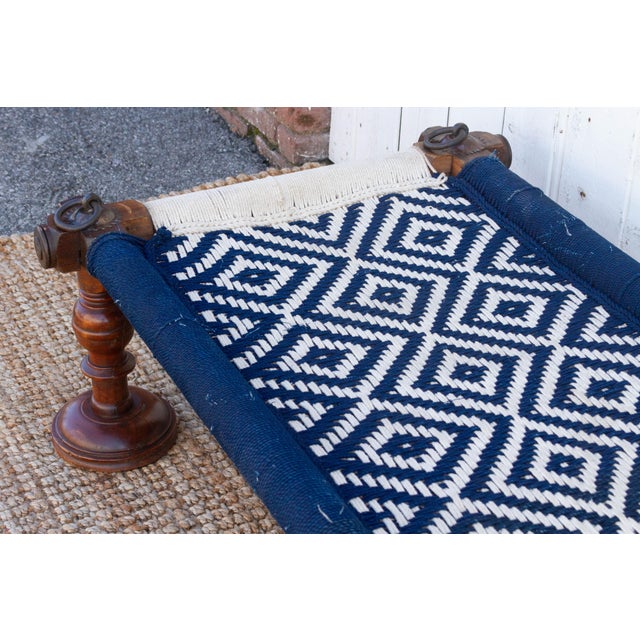 Blue Long Blue & White Woven Charpai Bench For Sale - Image 8 of 10