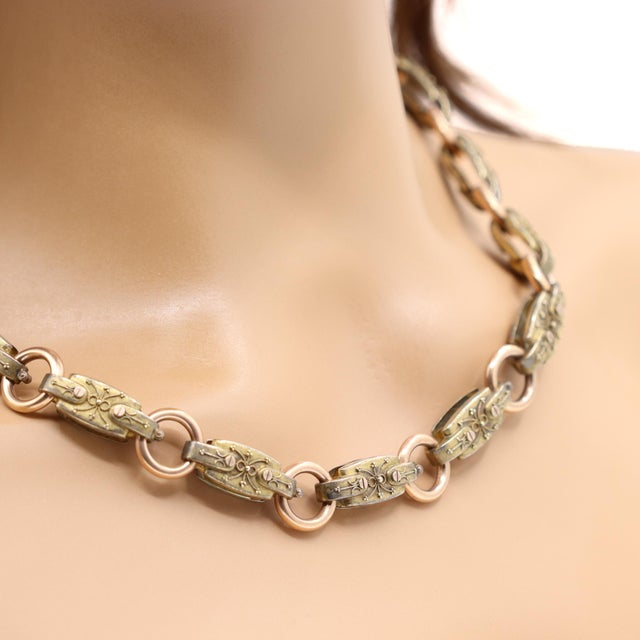 Early 20th Century Victorian Bronze Necklace, 18k Gold Heavy Link Chain Necklace, Chunky One of a Kind Antique Jewelry, Handmade Jewelry For Sale In Houston - Image 6 of 10