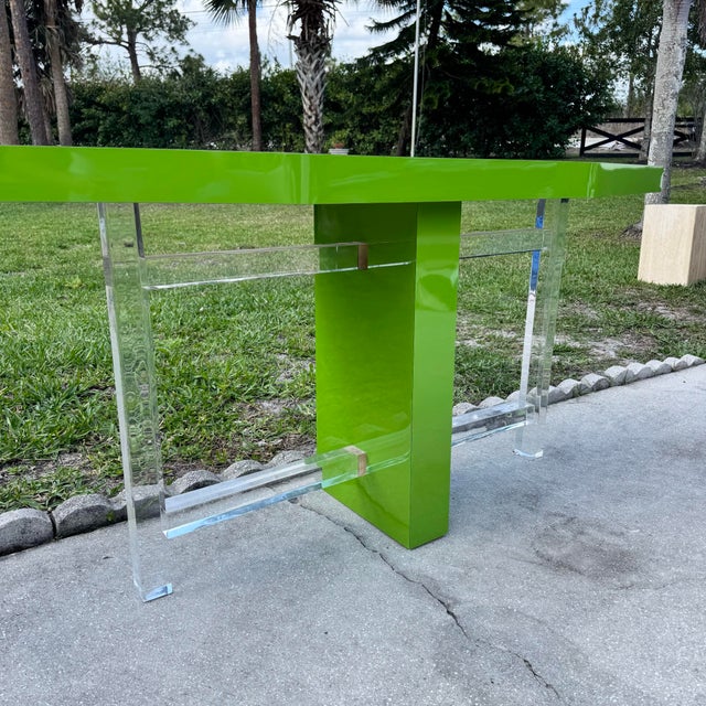 Lime Postmodern Lime Green Lacquer Laminate and Lucite Console Table For Sale - Image 8 of 12