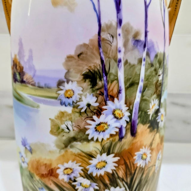 Antique Art Nouveau Hand-Painted Nippon Morimura Daisy Landscape Vase For Sale - Image 12 of 15
