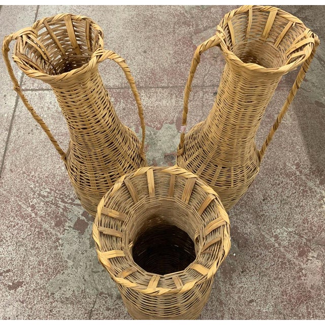 Set Of 3 Vintage Tall Wicker Floor Vases Baskets