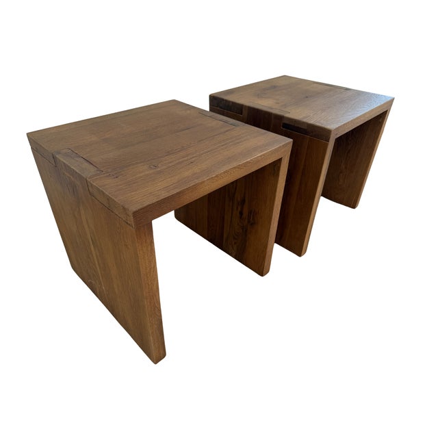 Celebrate the art of simplicity and elegance with this pair of modern, minimalist oak side tables from Restoration...