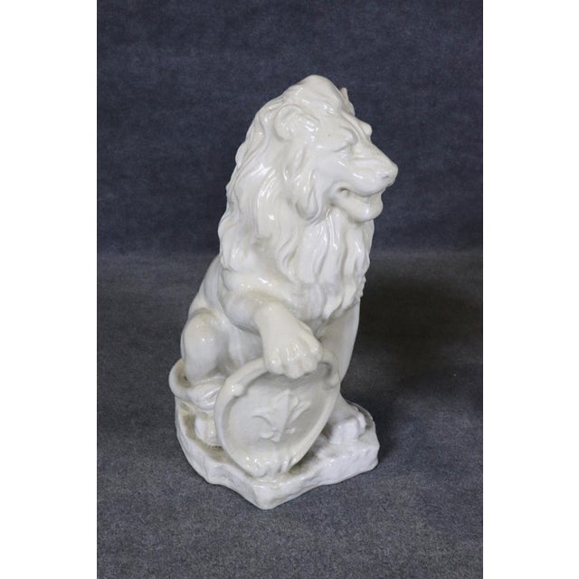 Early 20th Century Pair Large White Glazed Ceramic Figures of Entryway Lions Paws Raised on Shield For Sale - Image 5 of 12