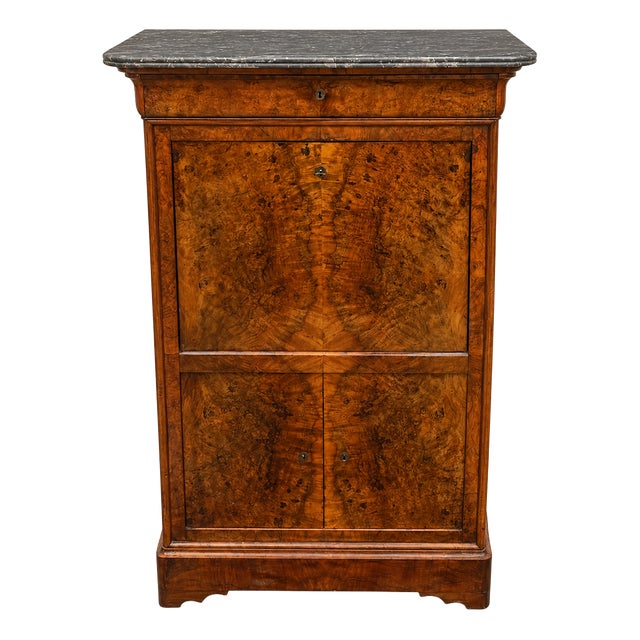 Louis Philippe Secretary Desk in Burr Walnut with Marble Top, 1890s For Sale