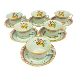 Antique Hand-Painted Calyx Ware Tea Cups and Saucers Set- 12 Pieces