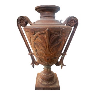 Vintage Floral Motif Cast Iron Urn For Sale