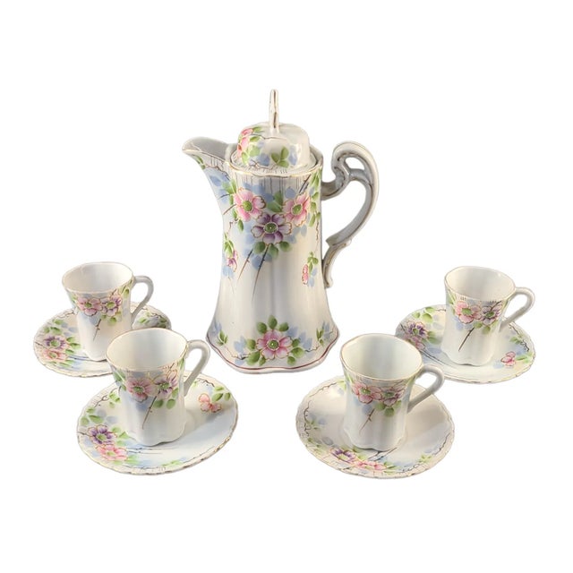 Ceramic Vintage Nippon Hand-Painted Floral Apple Blossoms Chocolate Tea Set- 9 Pieces For Sale - Image 7 of 7