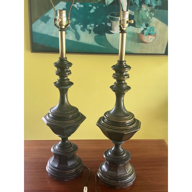 Pair of Large Brass Table Lamps With Deep Patina Acquired from the Estate of a Collector. 38"H to top of brass finial 7"...