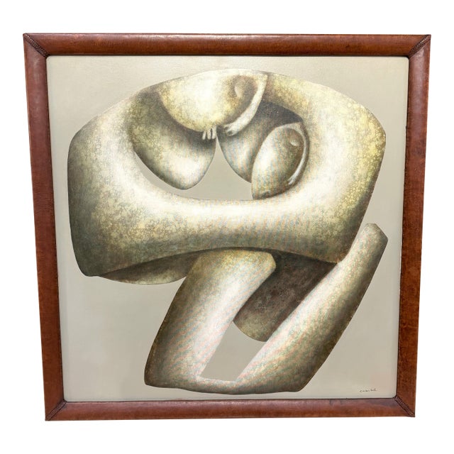 Carlos León Cruz “Untitled” Abstract Oil on Canvas, Custom Leather Frame For Sale