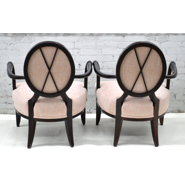 Barbara Barry Baker Furniture Pink Chenille Mahogany Oval X Back Lounge Chairs a Pair. The chairs sits on dark mahogany X...