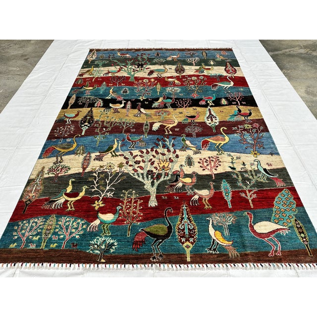 Islamic Multicolor Afghan Pictorial Bird & Tree Hand-Knotted Wool Rug - 9'7" X 6'9" For Sale - Image 3 of 15