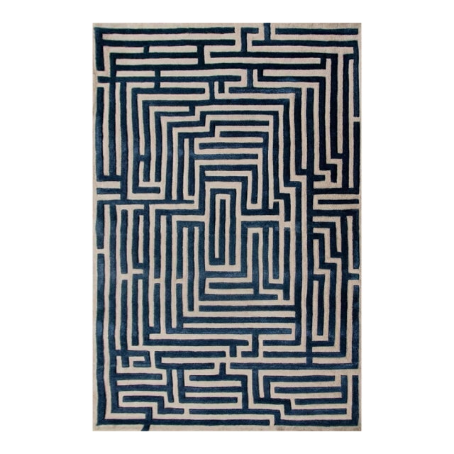 Anatolia Hand-Tufted Maze Rug, Blueberry Blue, 9x12 For Sale