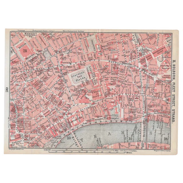 1911 London map from a travelers guide book. Holborn, Fleet St and Strand including landmarks such as Waterloo Bridge, the...