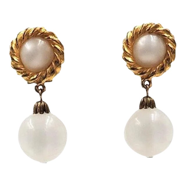 1973 Vintage Mimi Di N Faux-Moonstone Drop Clip Earrings- 2 Pieces For Sale