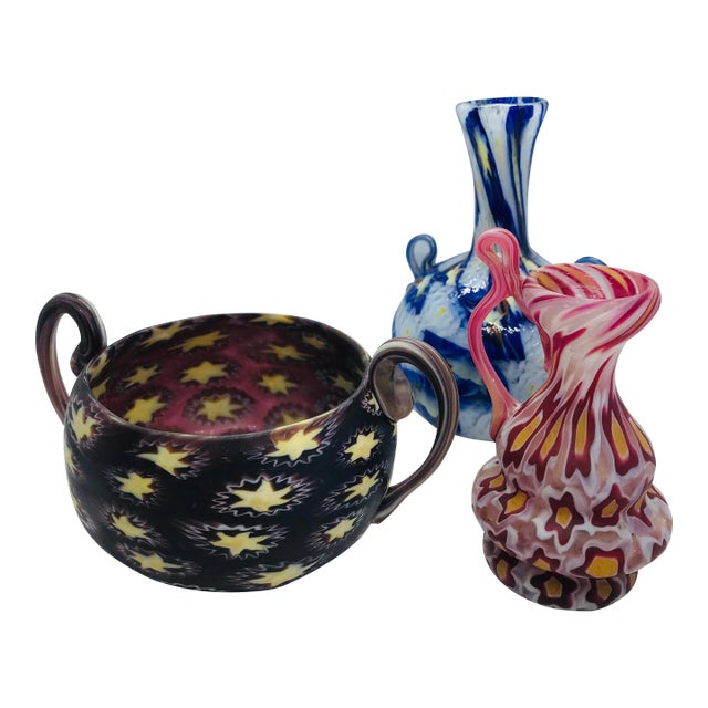 Set of 3 Vintage Millefiori Fratelli Toso Style Miniature Glass Objects With Handles For Sale