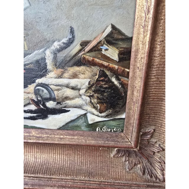 Late 19th Century Antique Signed Painting Trompe l'Oeil Mischievous Cat For Sale - Image 5 of 9