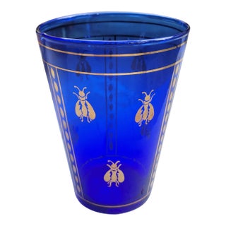 Vintage Boho Mid Century Hand Blown Cobalt Blue Glass Vase With Gold Honey Bee Accents For Sale