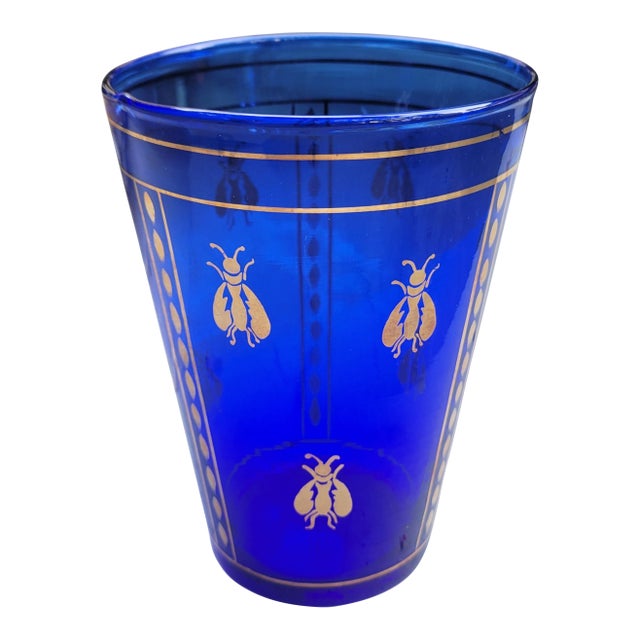 Vintage Boho Mid Century Hand Blown Cobalt Blue Glass Vase With Gold Honey Bee Accents For Sale