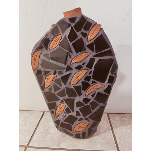 Vintage Mid-Century Large Stoneware Pottery Vase With Applied Inserted Terrocatta Leaves + Black Glass For Sale - Image 13 of 13