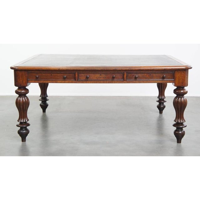 Large Victorian English Oak Writing Desk with Leather Top For Sale - Image 5 of 17