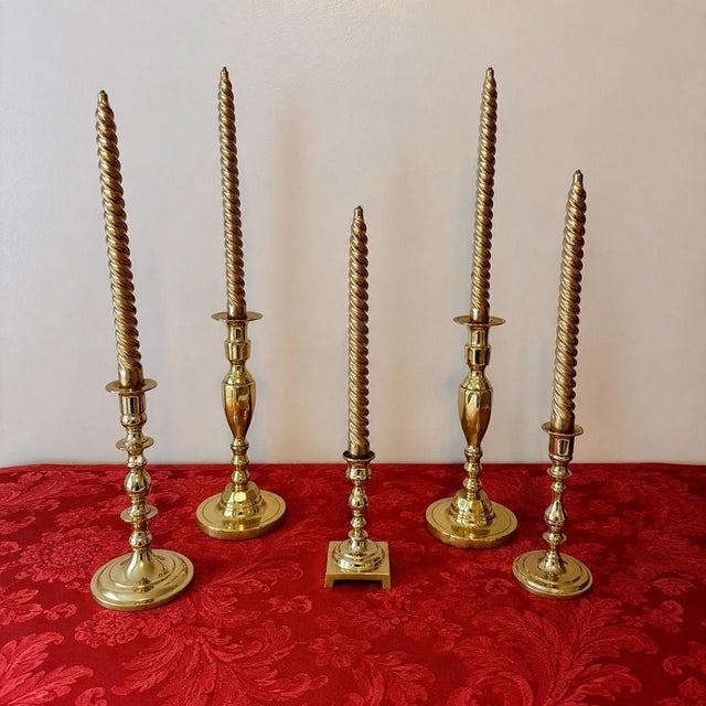 Vintage English & American Solid Brass Candlesticks, Set of 5 This curated collection of five vintage solid brass...