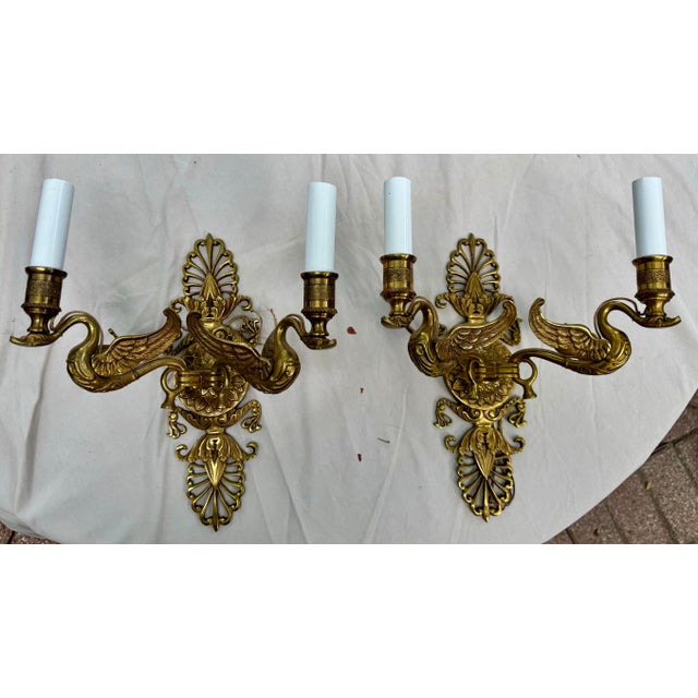 Vintage Pair of Brass Empire Revival Double Swan Electric Light Wall Sconces For Sale - Image 9 of 9
