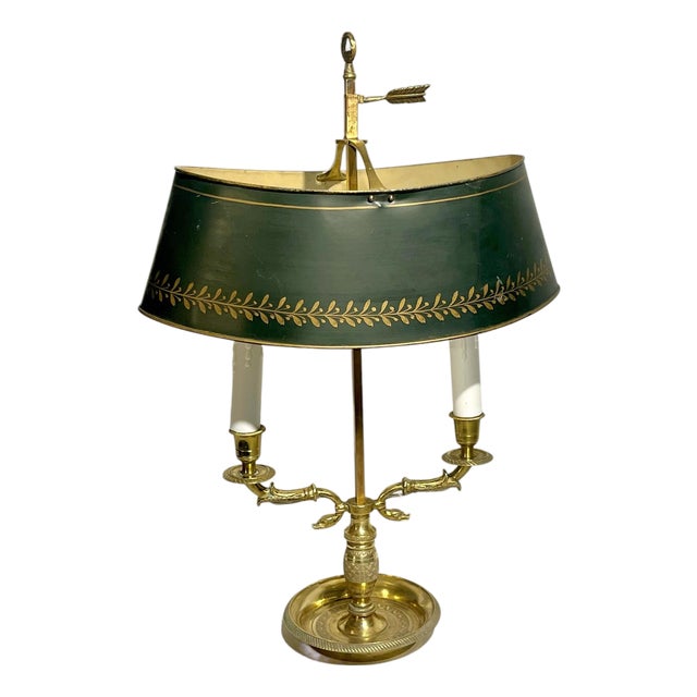 Early 20th Century Empire-Style French Tôle & Gilt Brass Bouillotte Lamp With Green Tole Shade For Sale