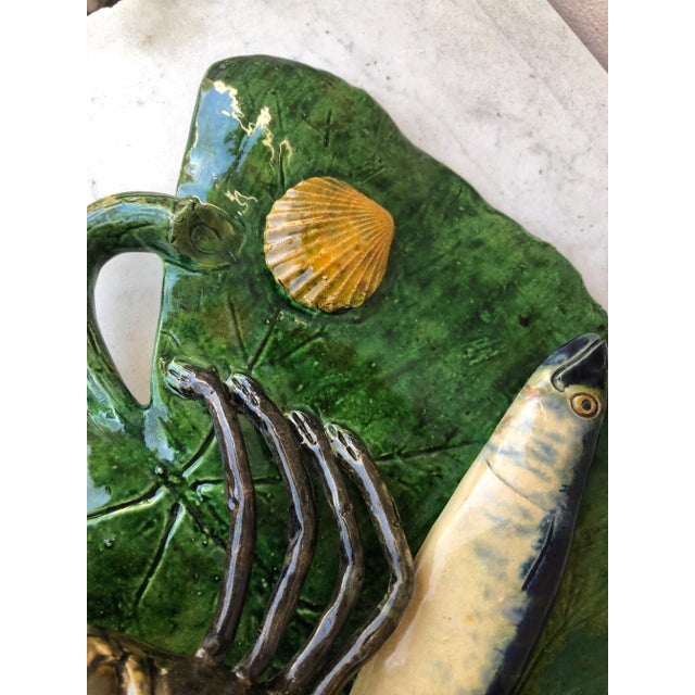 Dark Green 19th Century Majolica Palissy Leaf Wall Fish & Lobster Platter Alfred Renoleau For Sale - Image 8 of 12