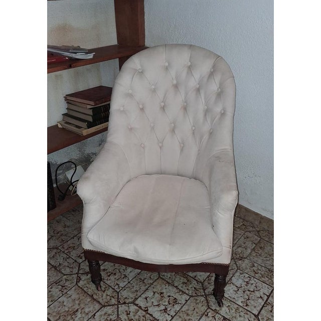 Napoleon III Cabriolet Armchair in Mahogany and Buttoned Fabric, 1800s For Sale - Image 3 of 6