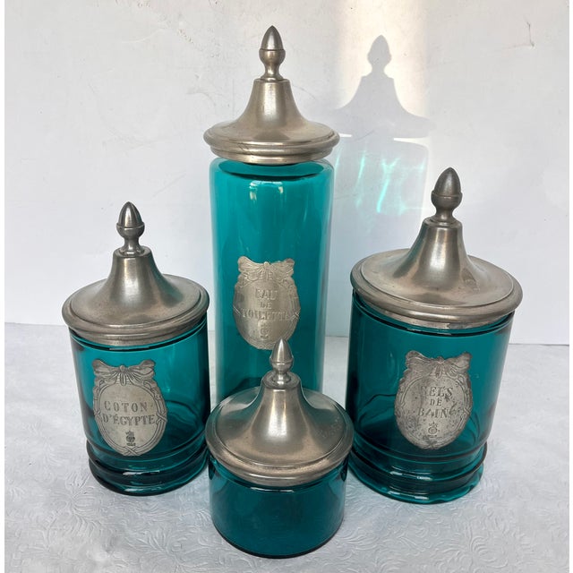 French Apothecary Glass/Pewter Bath Jar Set For Sale - Image 11 of 15