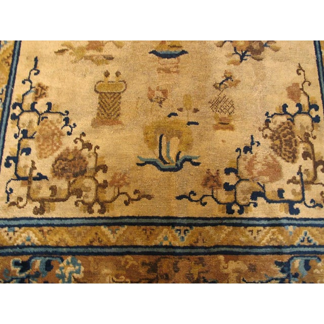 Chinese 1870s Beige Medallion Floral Antique Chinese Ningxia Rug 5'0" X 8'0" Handknotted Wool Carpet For Sale - Image 3 of 6