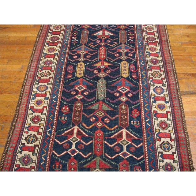 1880s Blue Navy Geomtric Tribal n.w. Persian Carpet 4' X 10' Handmade Wool Rug For Sale - Image 4 of 5