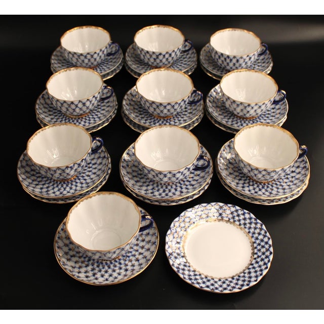 1980s Lomonosov Imperial Cobalt Net Porcelain Tea Set 30 Pcs, 10 Trios For Sale - Image 12 of 14