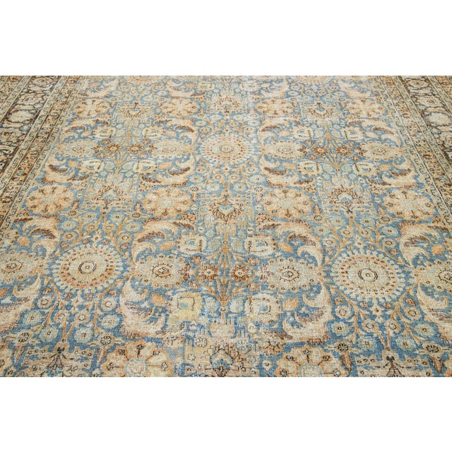 Blue Room Size Floral Antique Persian Tabriz Wool Rug in Blue For Sale - Image 8 of 10