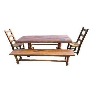 Farm Table in Oak with Chairs and Benches, Set of 5 For Sale