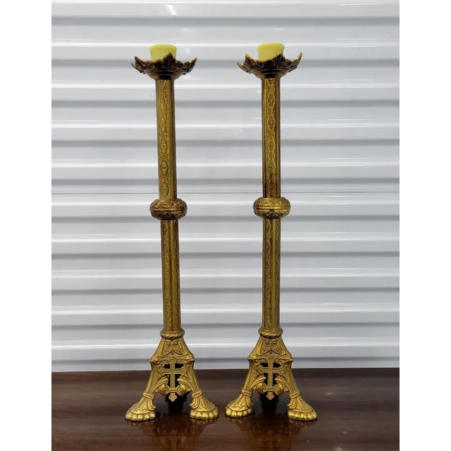 Metal 24'' Tall Antique Gold Gilt Brass Church Candlestick Holders - a Pair For Sale - Image 7 of 7