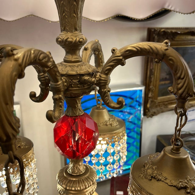 Hollywood Regency 1960s Brass Finish Metal and Crystal Lamps With Original Red Silk Shades a Pair For Sale - Image 3 of 12