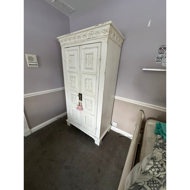French-Style White Carved Armoire , Wardrobe or Linen Press With Pink Tassels For Sale In Chicago - Image 6 of 7