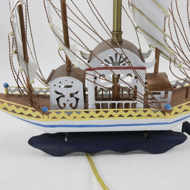Handcrafted Vintage Metal Sailboat, Then Made Into a Stunning Table Lamp Using Brass Fittings For Sale In New York - Image 6 of 10