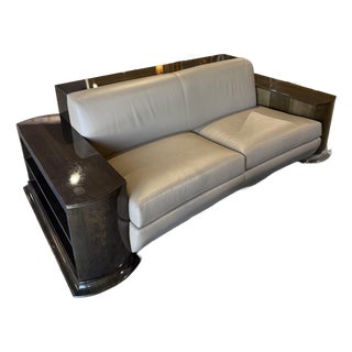Leather & Dark Wood Sofa With Built-in Shelving For Sale